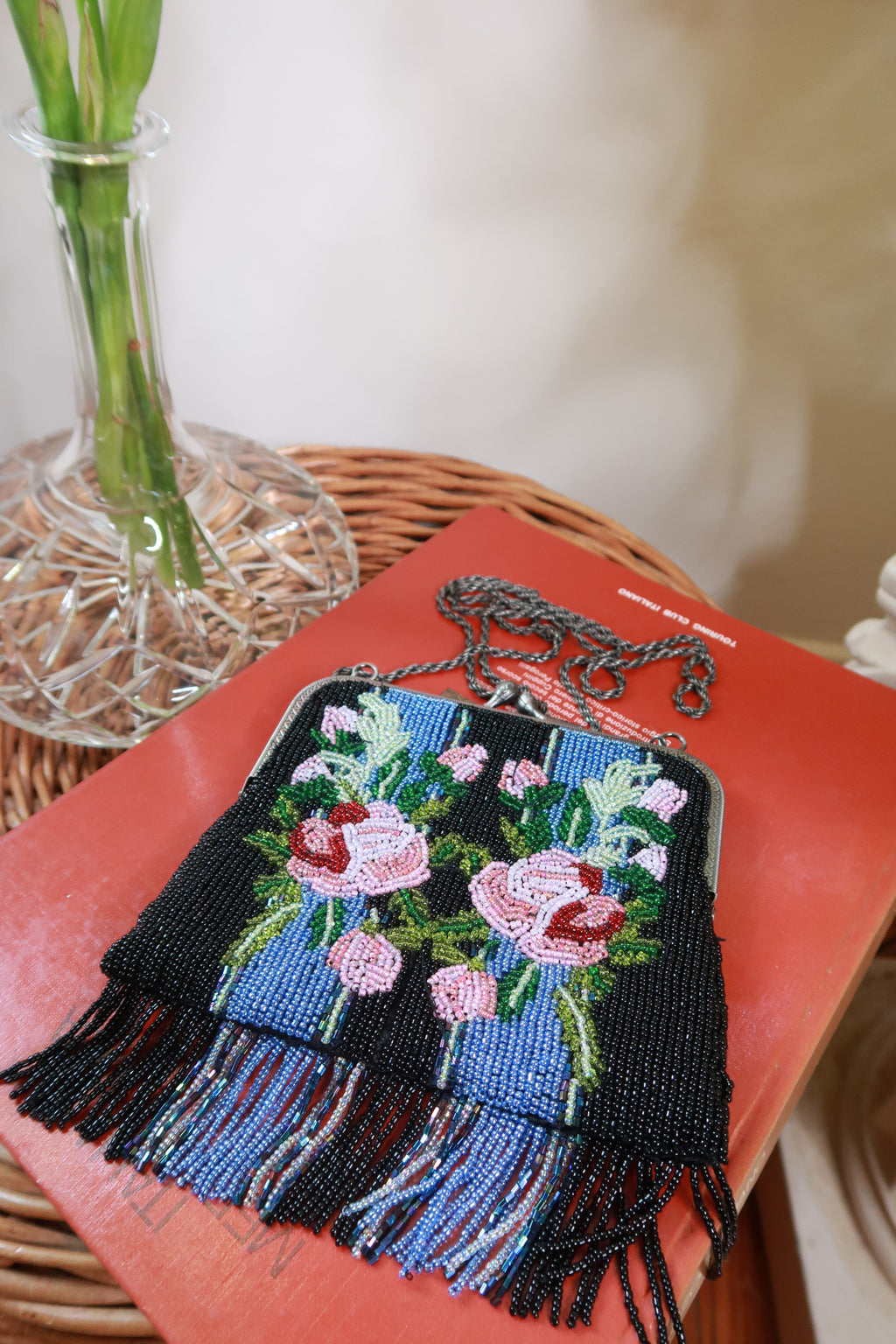 Vintage Floral Beaded Fringe Evening Bag Art Deco Style Chain Purse