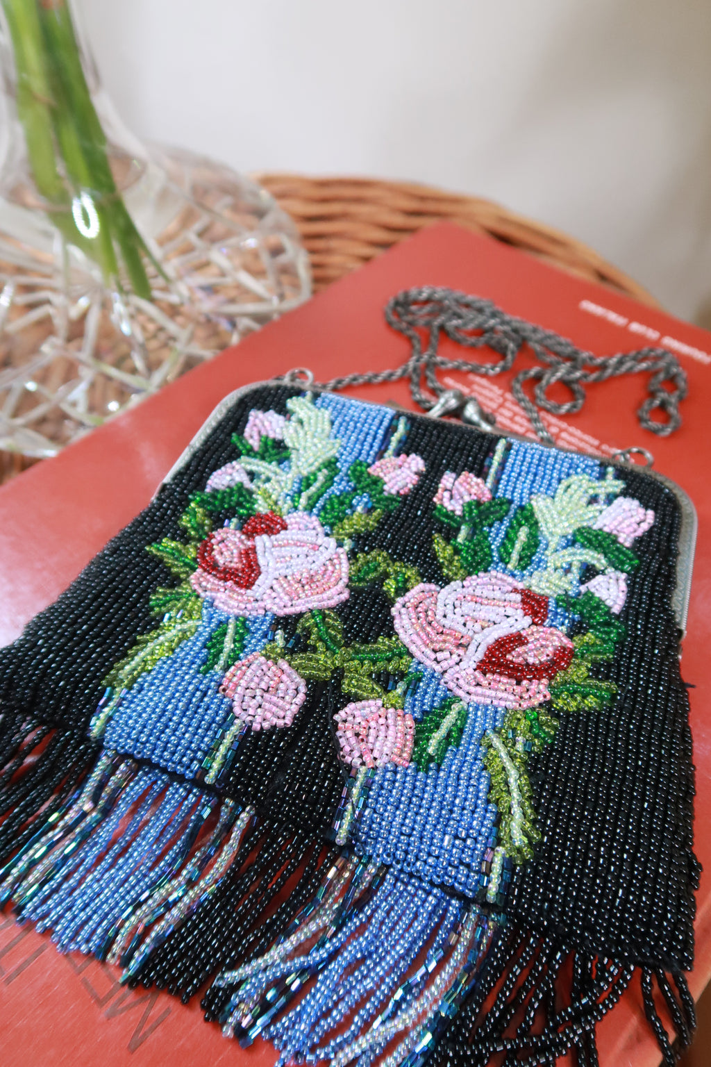 Vintage Floral Beaded Fringe Evening Bag Art Deco Style Chain Purse
