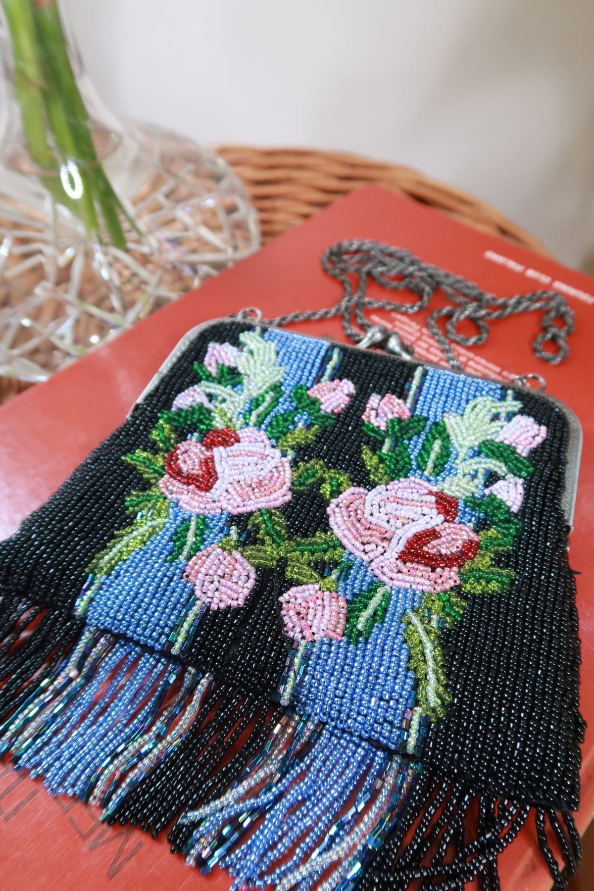Vintage Floral Beaded Fringe Evening Bag Art Deco Style Chain Purse