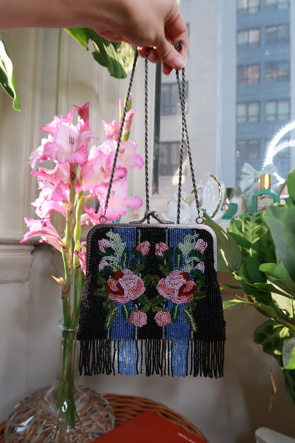 Vintage Floral Beaded Fringe Evening Bag Art Deco Style Chain Purse