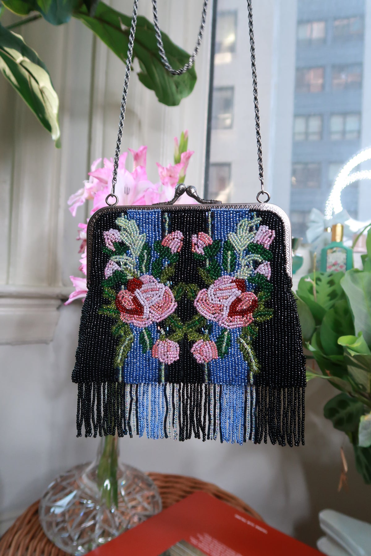 Vintage Floral Beaded Fringe Evening Bag Art Deco Style Chain Purse