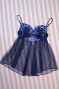 2000s Victoria’s Secret Navy Blue Floral Lace Sheer Babydoll Camisole Top - Elektra Vintage