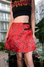 Load image into Gallery viewer, Vintage Y2K Red Satin Mini Skirt – Cherry Blossom Print with Bow Detail
