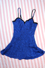Load image into Gallery viewer, Vintage Gold Label Victoria’s Secret Blue Jacquard Satin Velvet-Trim Slip Dress
