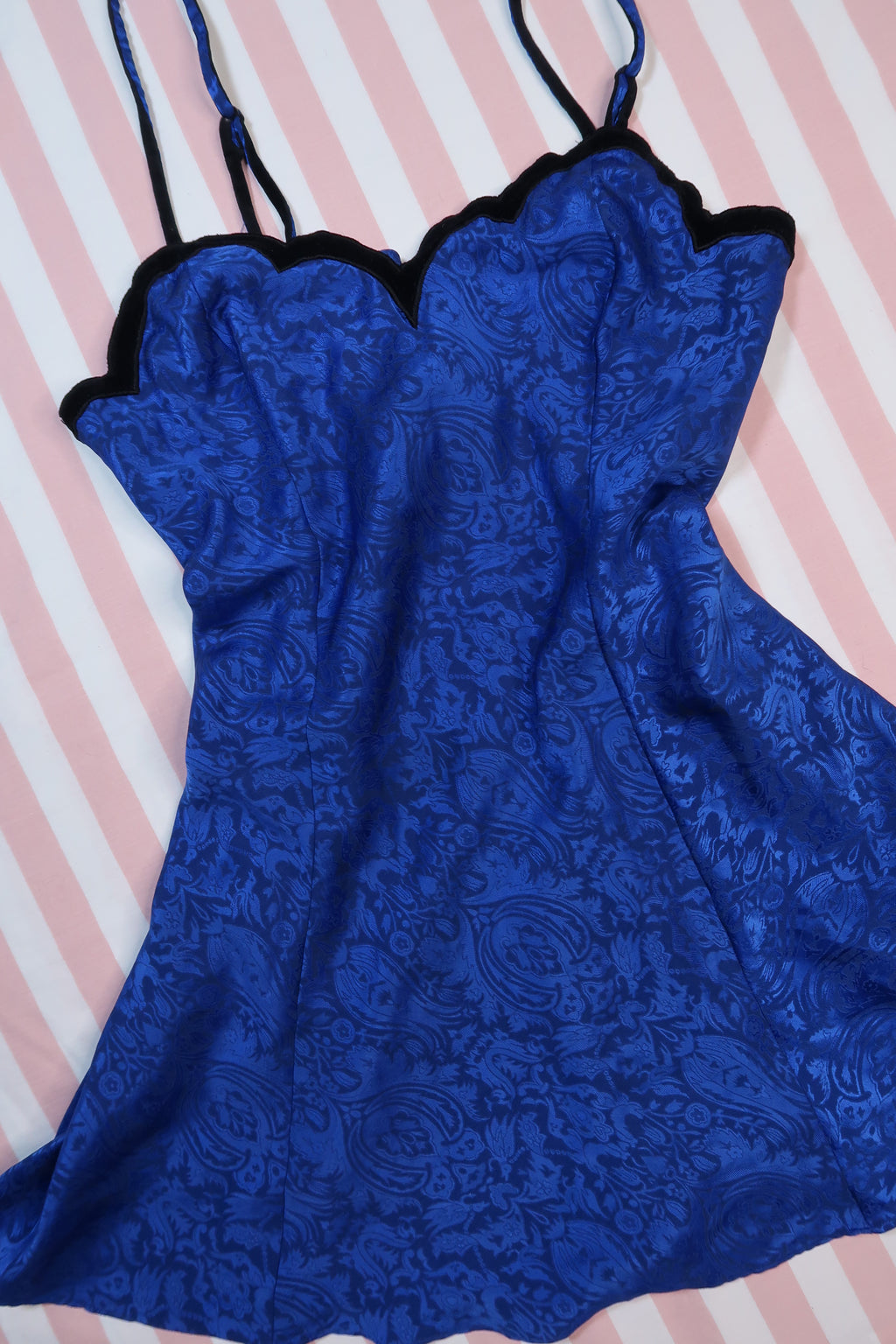 Vintage gold label Victoria’s Secret blue jacquard satin slip dress with velvet trim, featuring elegant, luxurious fabric and classic design.