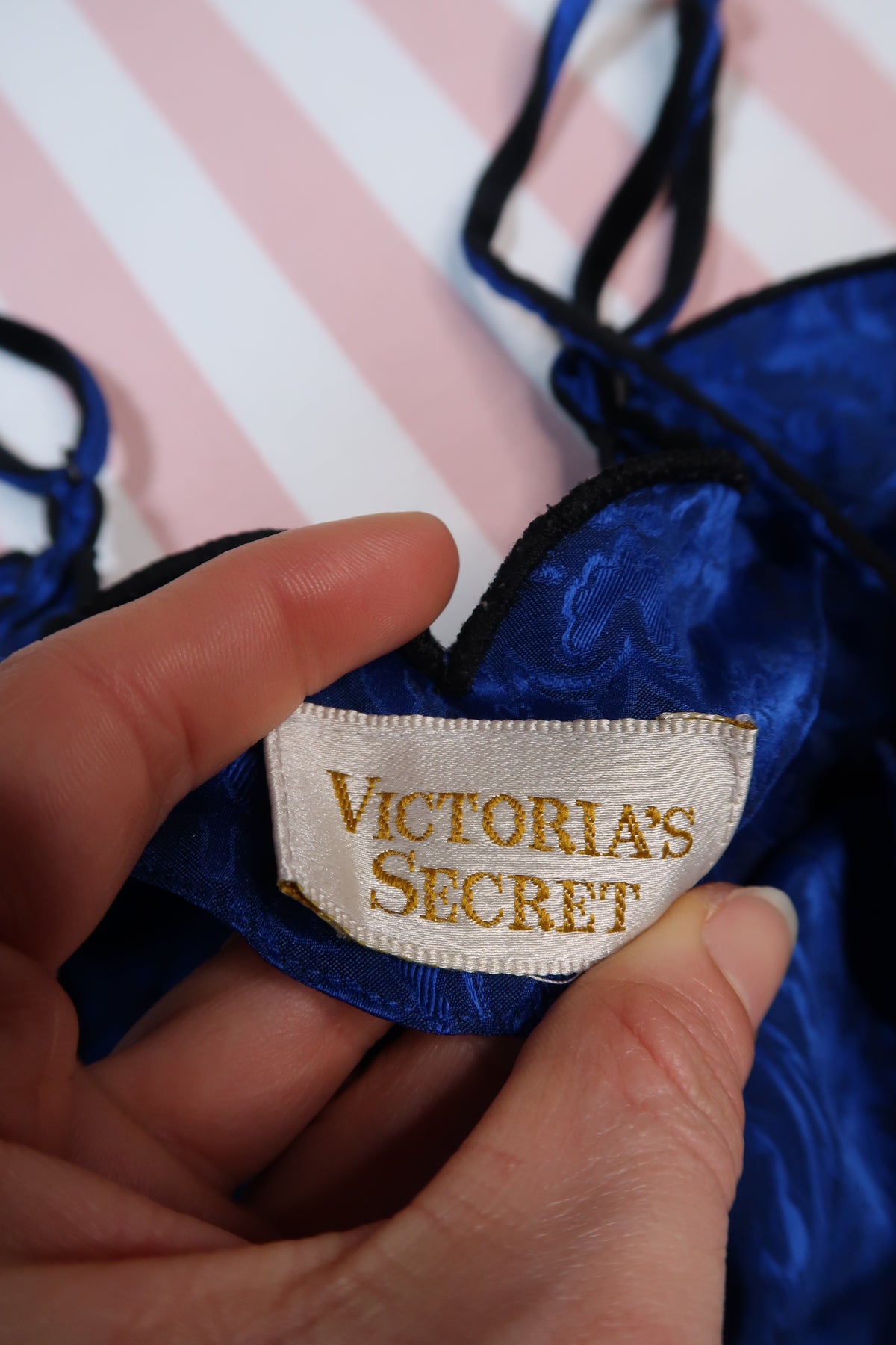 Vintage gold label Victoria’s Secret blue jacquard satin slip dress with velvet trim, styled by Elektra Vintage.