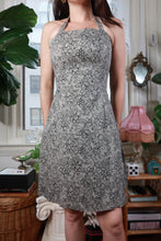 Load image into Gallery viewer, Vintage Y2K Gray &amp; Black Floral Halter Fit and Flare Mini Dress

