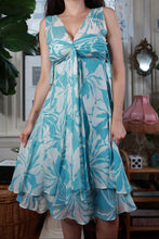 Load image into Gallery viewer, Vintage Y2K 100% Silk Aqua Blue Tropical Floral Handkerchief Hem Midi Dress
