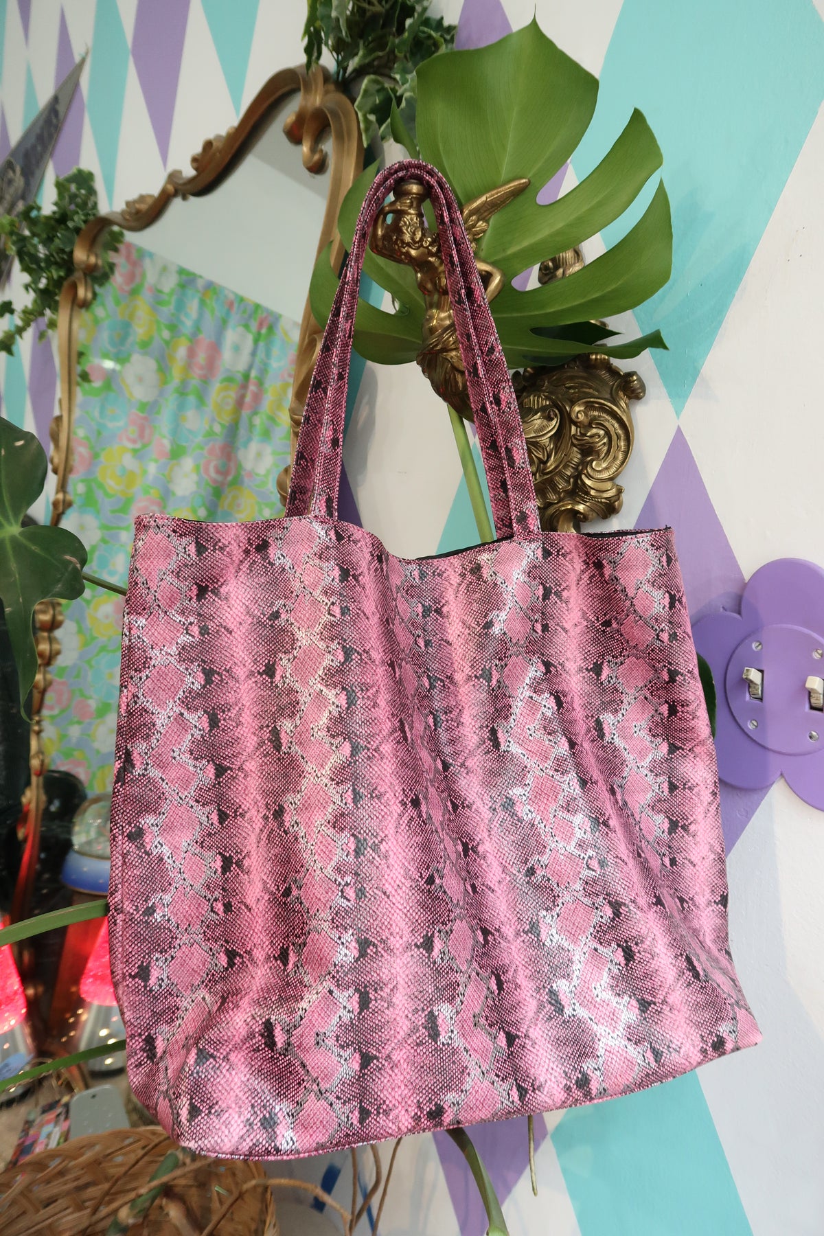 Pink Faux Snakeskin Tote Bag – Statement Shopper Tote