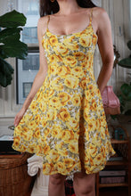 Load image into Gallery viewer, Vintage Elektra Floral Mini Dress with yellow rose print, fit and flare style, perfect for Y2K-inspired fashion.
