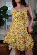 Load image into Gallery viewer, Vintage Y2K yellow rose floral fit and flare mini dress by Elektra Vintage, featuring a vibrant floral pattern and classic mini length.
