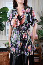 Load image into Gallery viewer, Vintage Black Floral Ruffle Tie Front Sheer Kimono Wrap Top Cover Up
