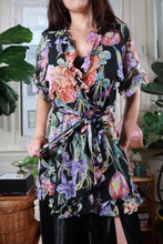 Load image into Gallery viewer, Vintage Black Floral Ruffle Tie Front Sheer Kimono Wrap Top Cover Up
