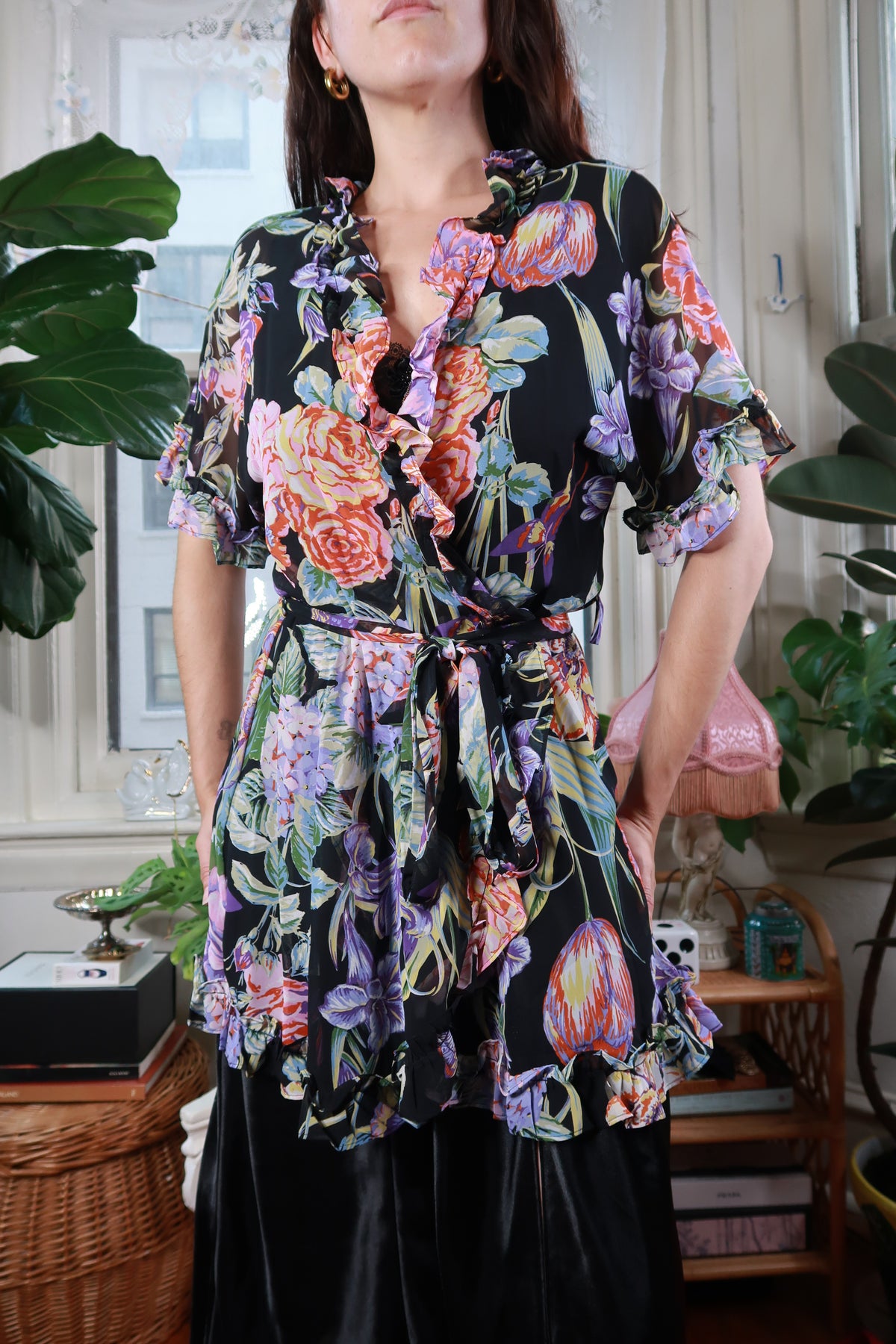 Elektra Vintage black floral ruffle tie-front sheer kimono wrap top with floral pattern and ruffled sleeves, lightweight and stylish.