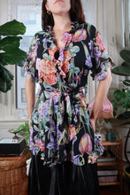 Load image into Gallery viewer, Vintage Black Floral Ruffle Tie Front Sheer Kimono Wrap Top Cover Up
