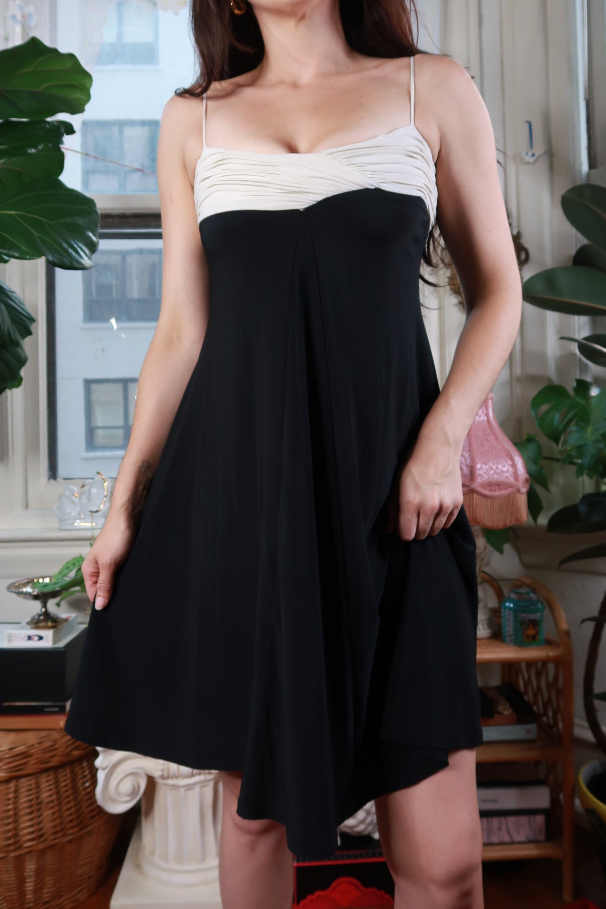 Vintage Nine West black and ivory colorblock slip dress by Elektra Vintage, Y2K mini dress with sleek, stylish design.