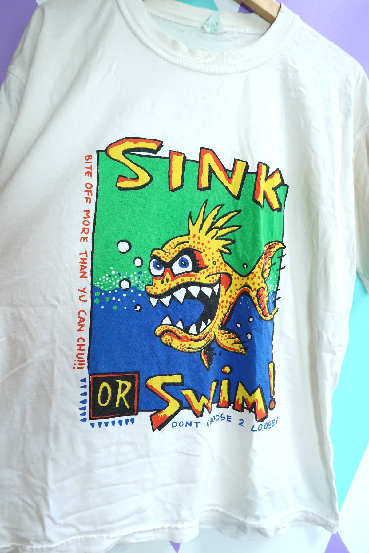 Vintage 90s “Sink or Swim” Graphic Tee – Bold Cartoon Fish Shirt