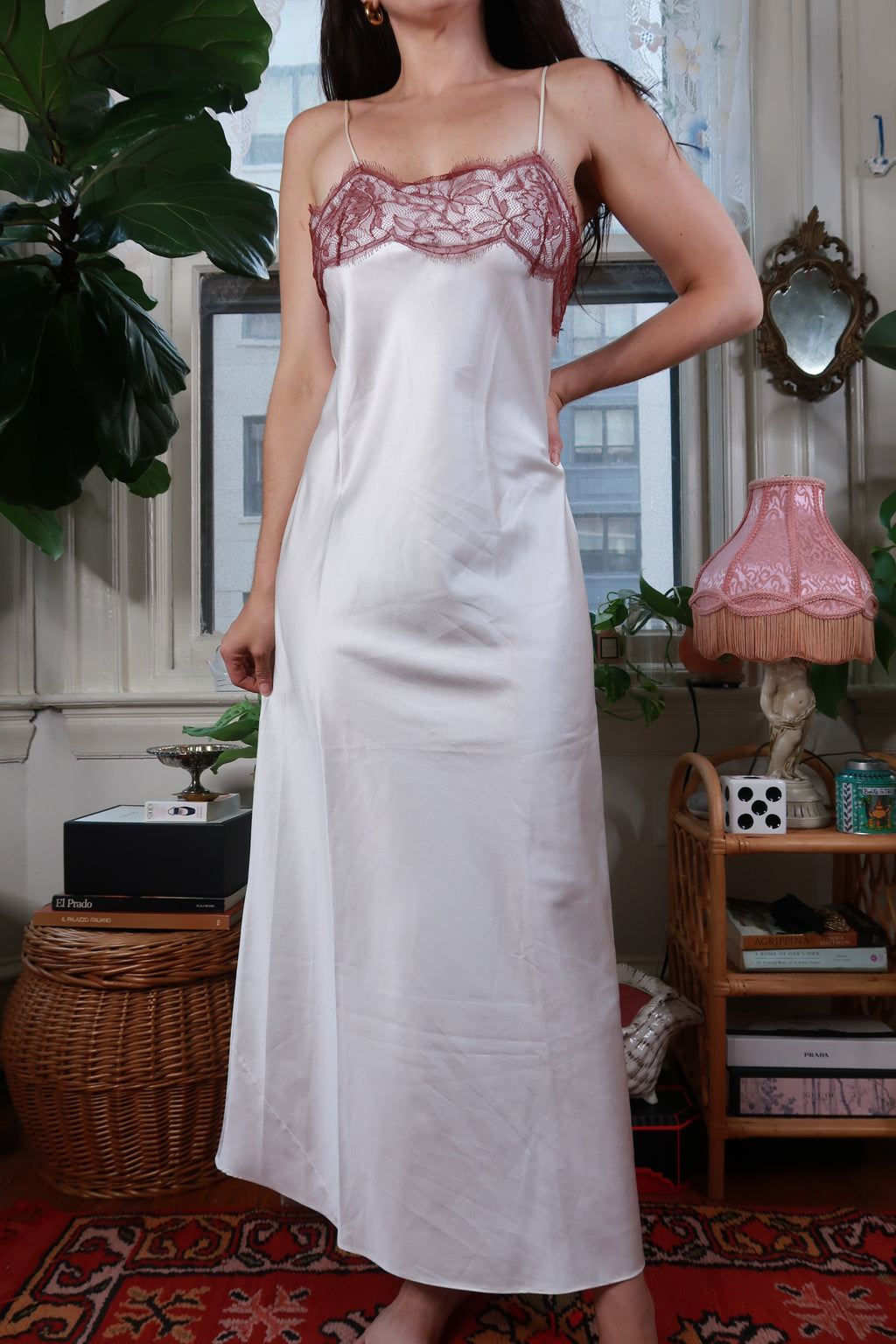 Elektra Vintage white satin lace trim maxi slip dress lingerie nightgown with delicate lace details and flowing fabric.