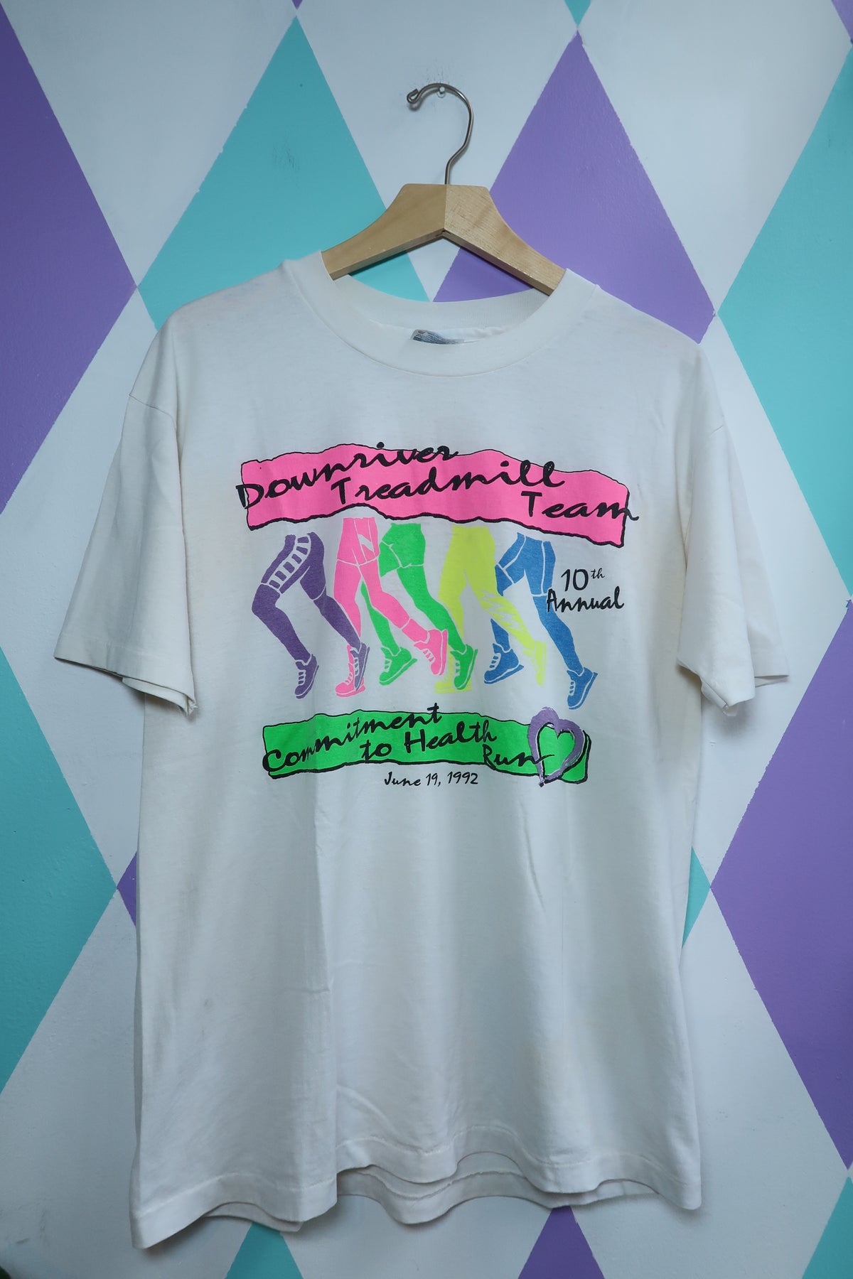 1992 Downriver Treadmill Team Tee – Neon Legs Graphic Vintage Race T-Shirt