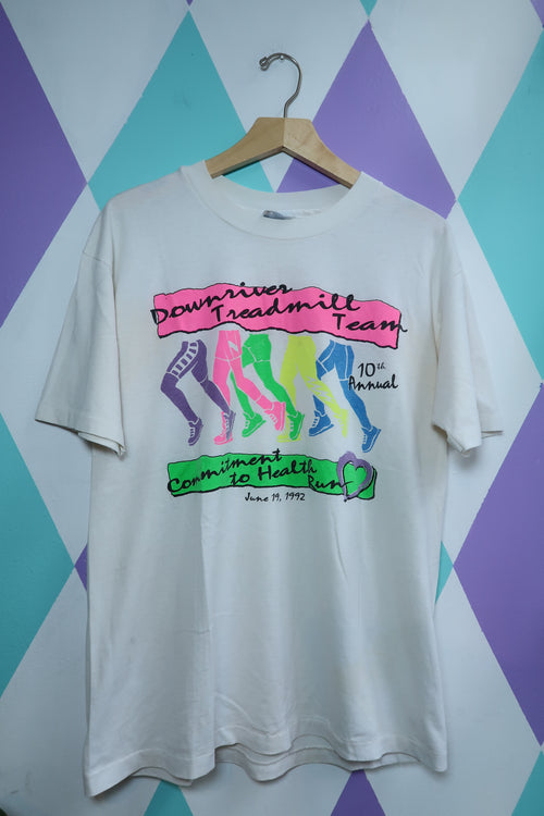 1992 Downriver Treadmill Team Tee – Neon Legs Graphic Vintage Race T-Shirt - Elektra Vintage