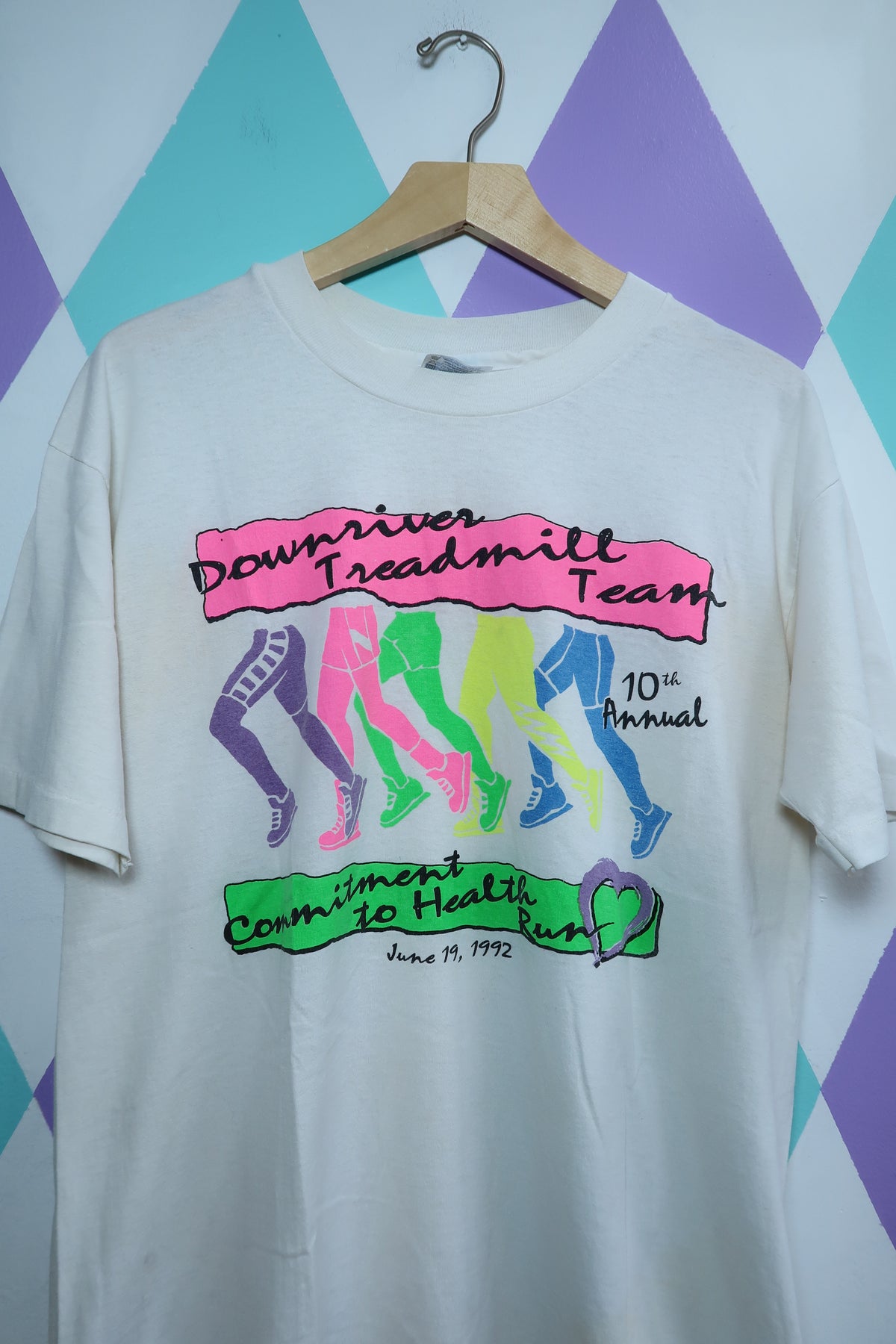1992 Downriver Treadmill Team Tee – Neon Legs Graphic Vintage Race T-Shirt - Elektra Vintage
