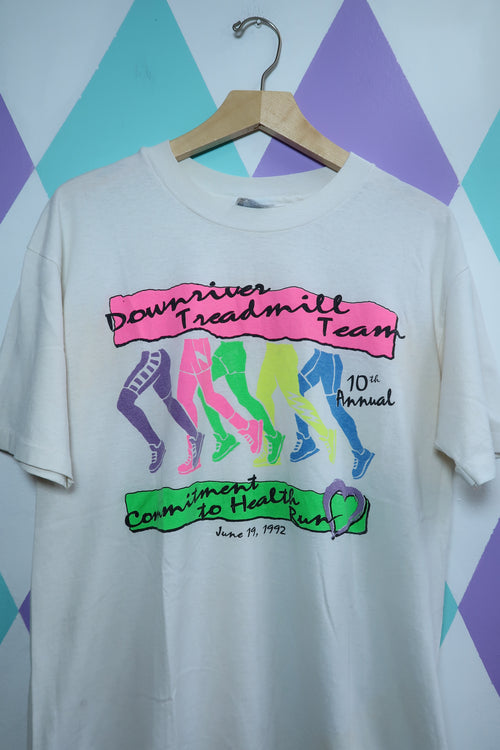 1992 Downriver Treadmill Team Tee – Neon Legs Graphic Vintage Race T-Shirt - Elektra Vintage