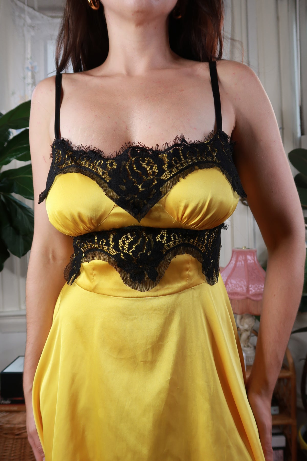 Vintage Dolce & Gabbana yellow satin lace corset mini dress from Elektra Vintage with Y2K style, detailed lace and satin fabric.