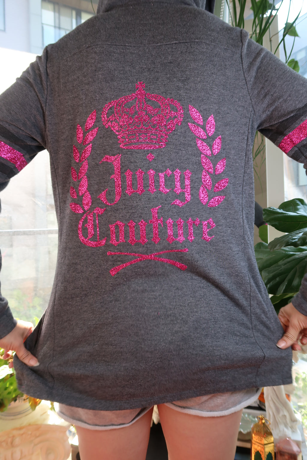 Juicy Couture Glitter Crest Zip-Up Hoodie – Charcoal Gray