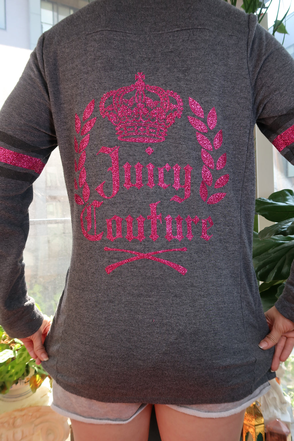 Juicy Couture Glitter Crest Zip-Up Hoodie – Charcoal Gray