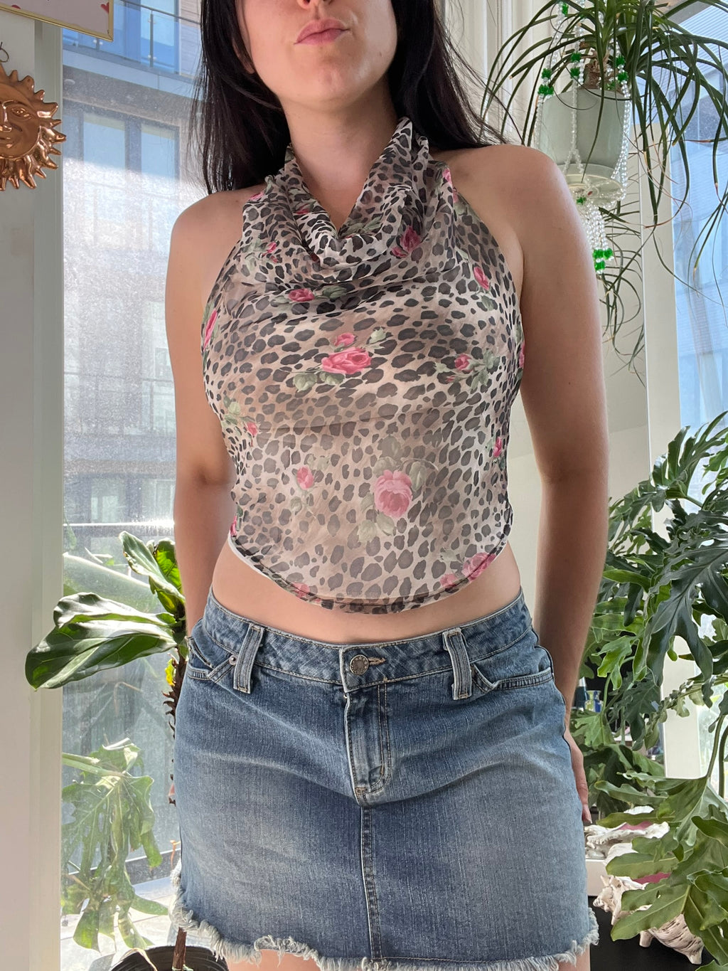 Y2K vintage leopard print backless cowl neck top for women by Elektra Vintage, featuring a stylish and bold animal pattern.