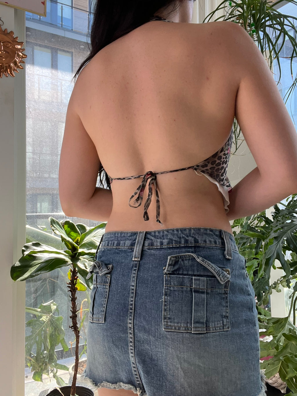 Elektra Vintage Y2K leopard print backless cowl neck women's top, vintage style with bold animal print and draped neckline.