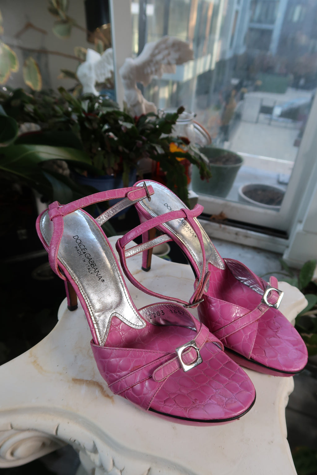 Dolce Gabbana vintage pink alligator leather platform heels with ankle straps, shown on a white background.