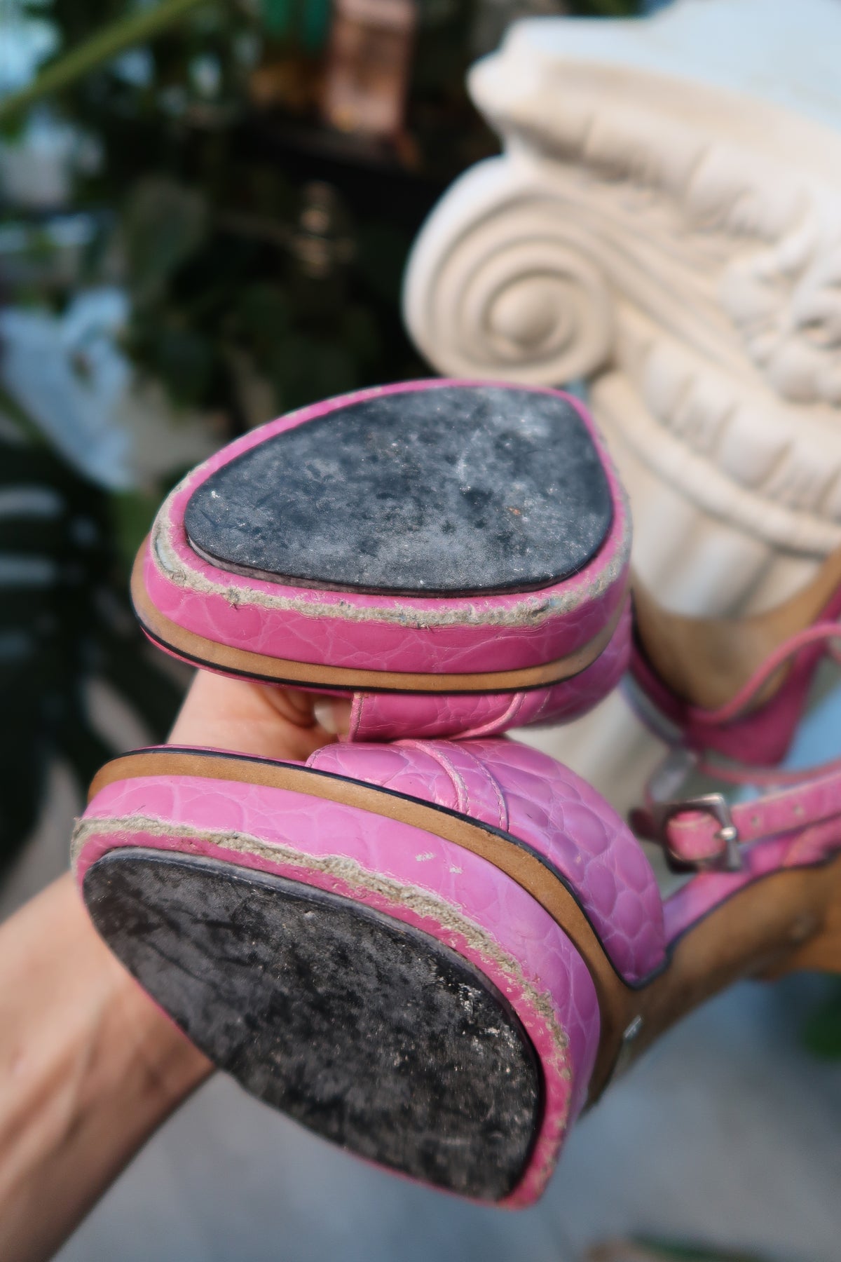 Pink alligator leather platform heels by Dolce Gabbana, vintage style, featuring a bold design and high heel silhouette.