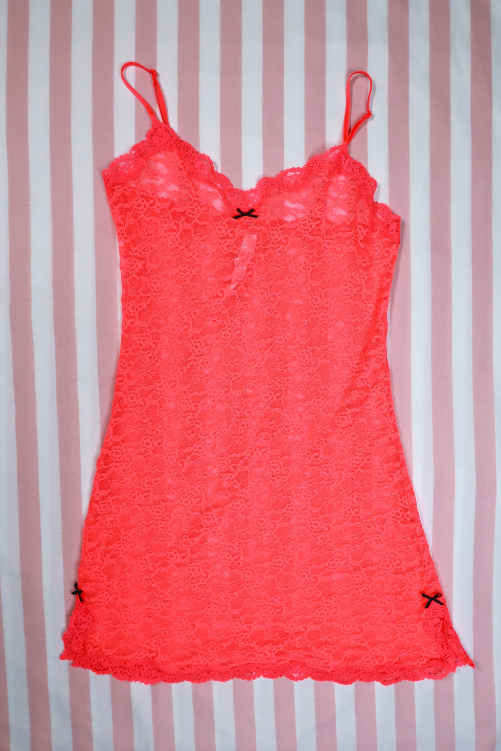 2000s Victoria’s Secret Neon Coral Sheer Lace Slip Dress