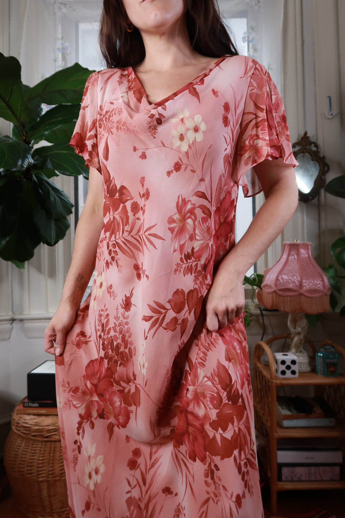 Vintage Elektra Vintage pink floral silk maxi slip dress with elegant straps and flowing fabric, perfect for sophisticated occasions.