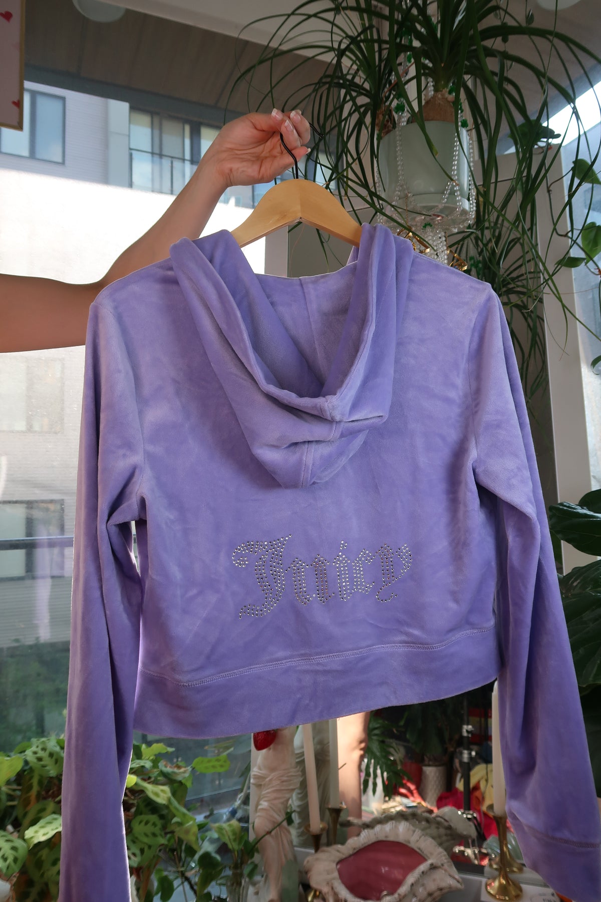 Juicy Couture x Forever 21 Lavender Velour Cropped Zip-Up Hoodie with Rhinestone Logo