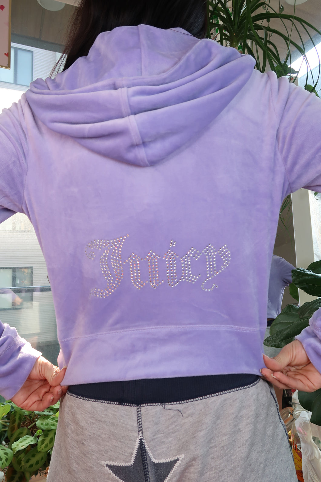Juicy Couture x Forever 21 Lavender Velour Cropped Zip-Up Hoodie with Rhinestone Logo