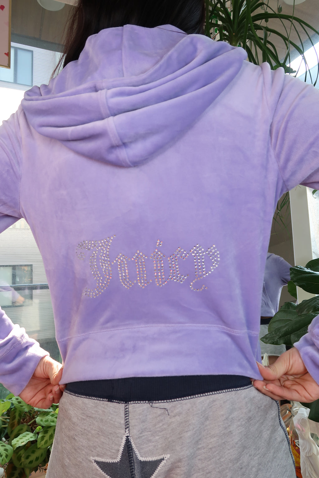 Juicy Couture x Forever 21 Lavender Velour Cropped Zip-Up Hoodie with Rhinestone Logo