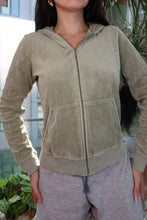 Load image into Gallery viewer, Vintage Juicy Couture Olive Green Velour Zip-Up Hoodie – Y2K Loungewear Classic
