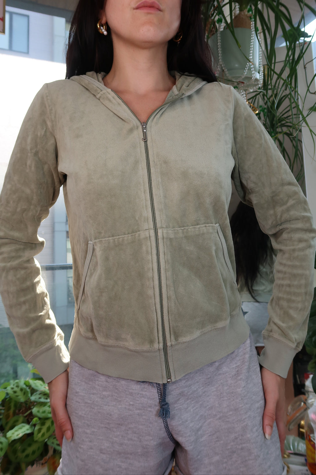 Vintage Juicy Couture Olive Green Velour Zip-Up Hoodie – Y2K Loungewear Classic