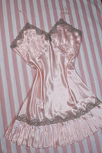Load image into Gallery viewer, Vintage 80s Gold Label Victoria’s Secret Blush Pink Satin Lace Trim Pleated Hem Slip Dress

