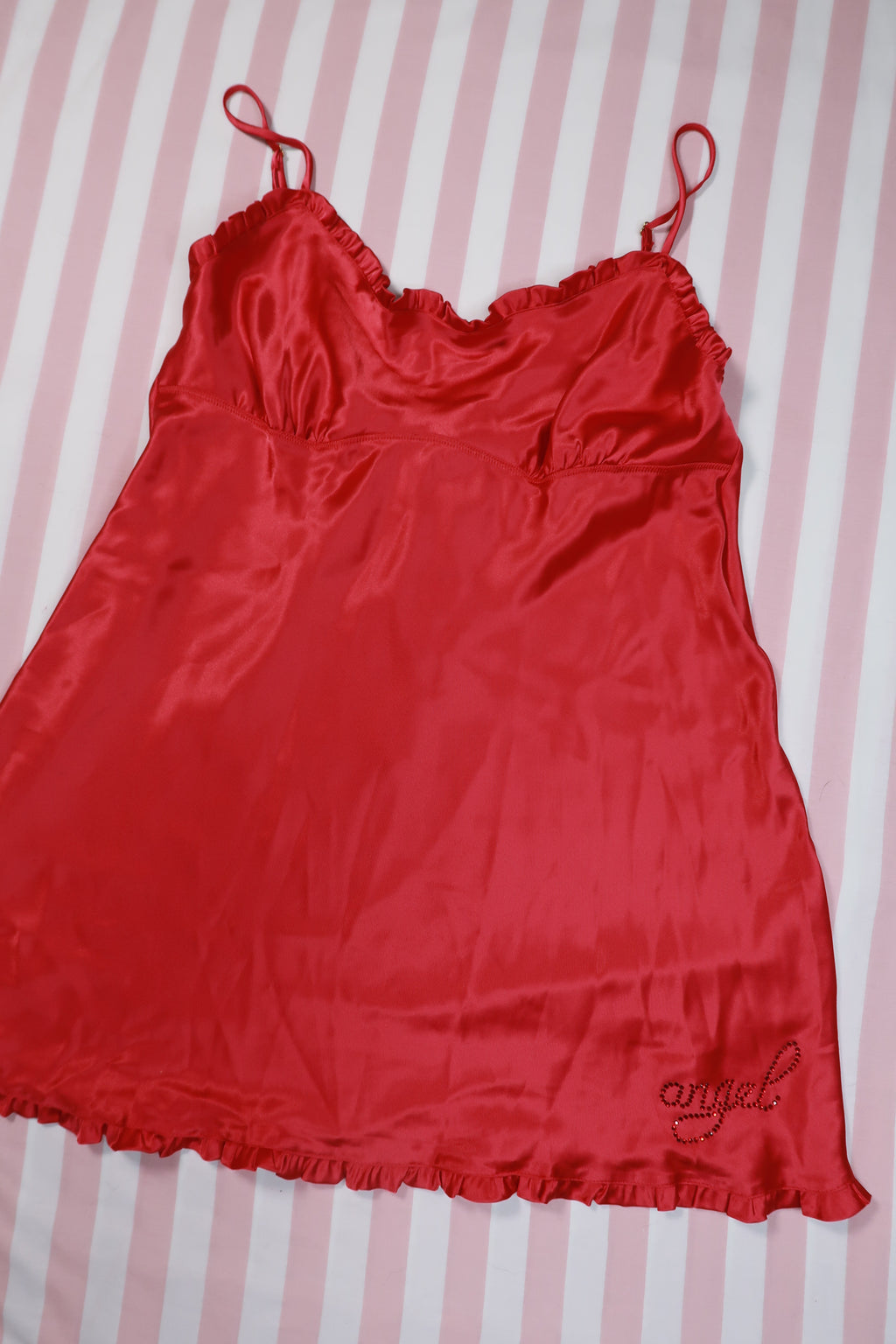 Vintage 2000s Victoria’s Secret red satin angel rhinestone slip dress by Elektra Vintage, with delicate rhinestone embellishments.