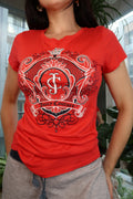 Red Juicy Couture crest logo graphic fitted women's short sleeve tee shirt by Elektra Vintage on a white background.