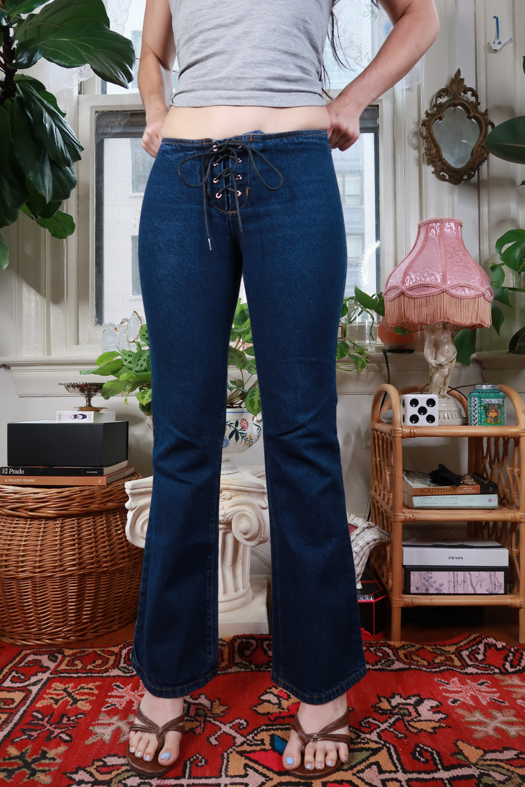 Dark wash vintage Y2K lace-up low-rise flare jeans for women, Elektra Vintage denim pants with retro style and high-rise fit.
