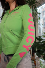 Load image into Gallery viewer, Vintage Juicy Couture “Angel” Zip-Up Hoodie – Green with Pink Sleeve Text
