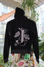 Load image into Gallery viewer, Vintage Juicy Couture Velour Zip-Up Hoodie – Black with Metallic “J” Floral Back Graphic
