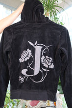 Load image into Gallery viewer, Vintage Juicy Couture Velour Zip-Up Hoodie – Black with Metallic “J” Floral Back Graphic
