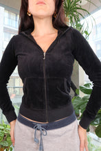 Load image into Gallery viewer, Vintage Juicy Couture Velour Zip-Up Hoodie – Black with Metallic “J” Floral Back Graphic
