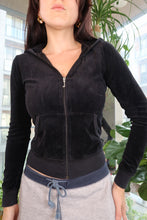 Load image into Gallery viewer, Vintage Juicy Couture Velour Zip-Up Hoodie – Black with Metallic “J” Floral Back Graphic
