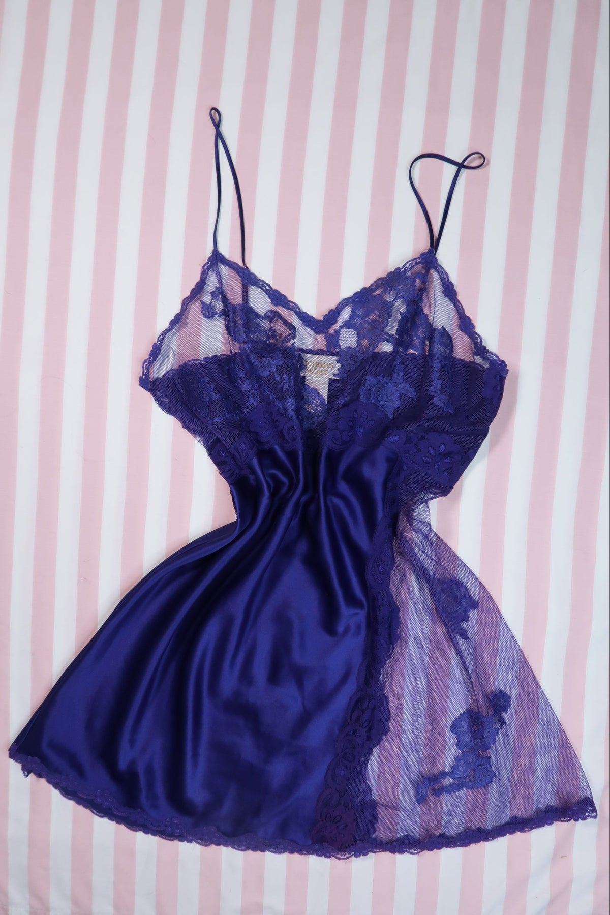 Vintage Gold Label Victoria’s Secret Purple Satin & Lace Sheer Panel Slip Dress - Elektra Vintage